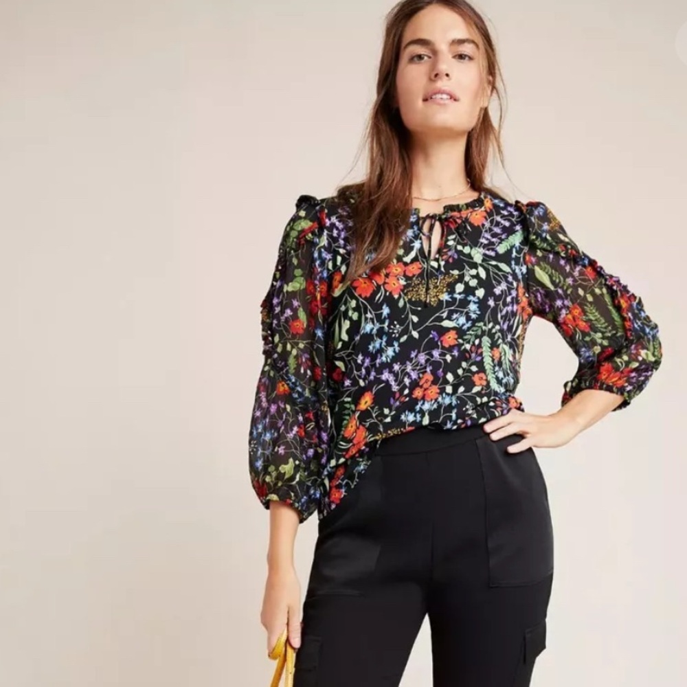 Anthropologie Maeve Jacquin Peasant Blouse Black Floral Balloon Sleeve Size XS